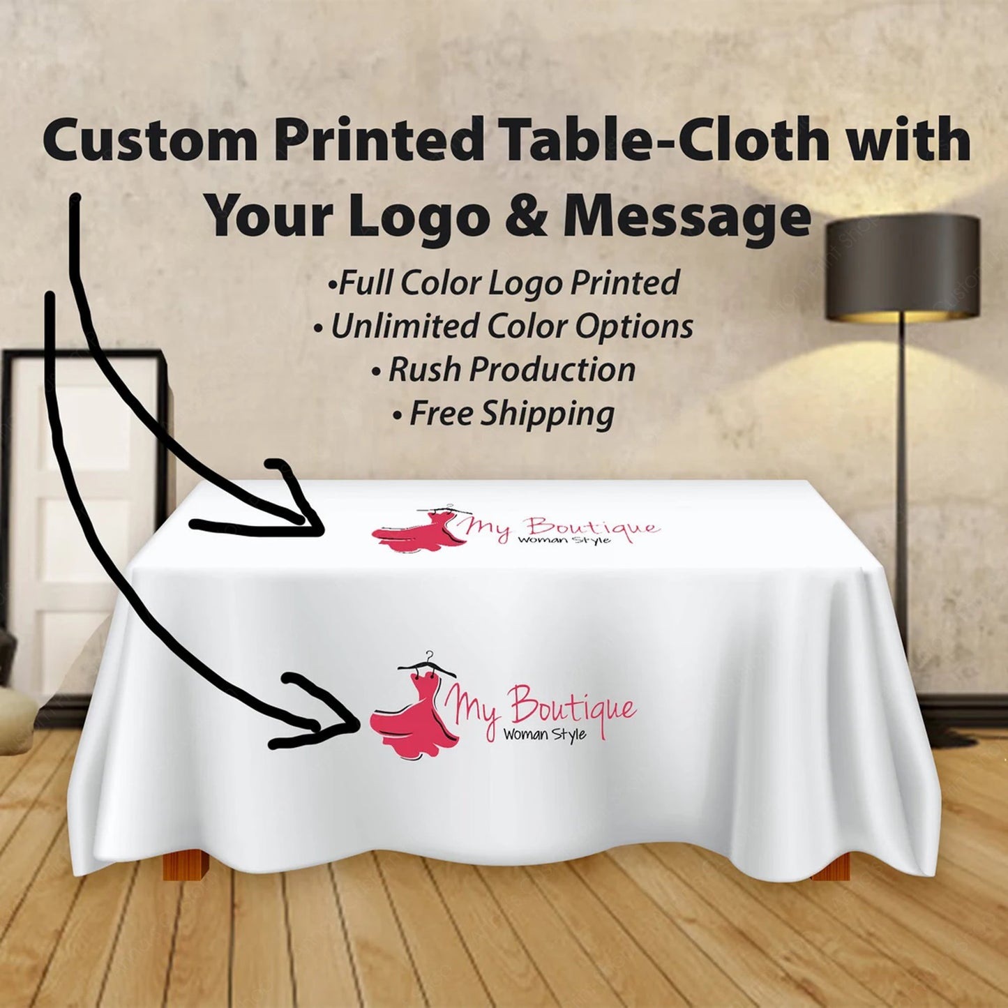 Custom Personalized Table Throw with your Logo for Trade Show Pop Up Shop Display